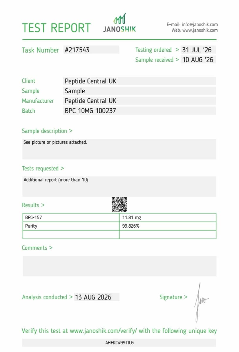 Janoshik certificate of analysis for BPC-157 (10mg), batch 100237