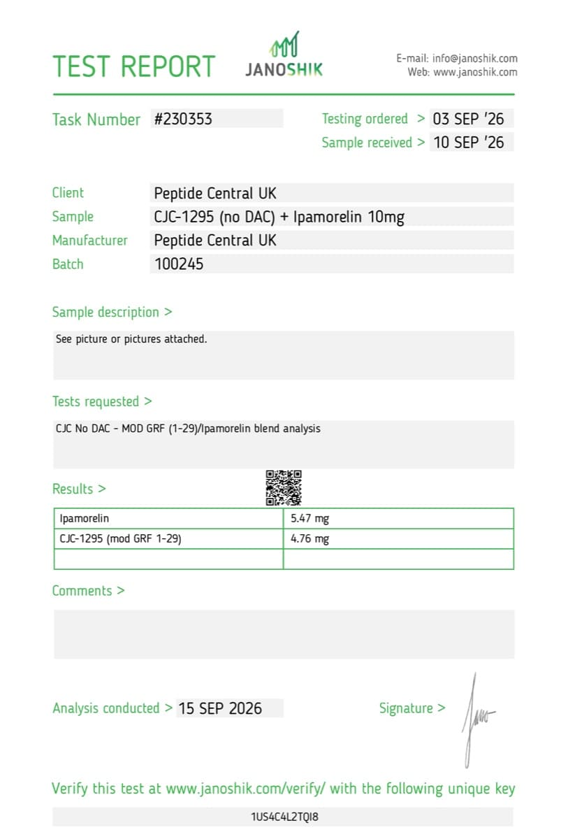 Janoshik certificate of analysis for CJC-1295 (no DAC) + Ipamorelin (10mg), batch 100245
