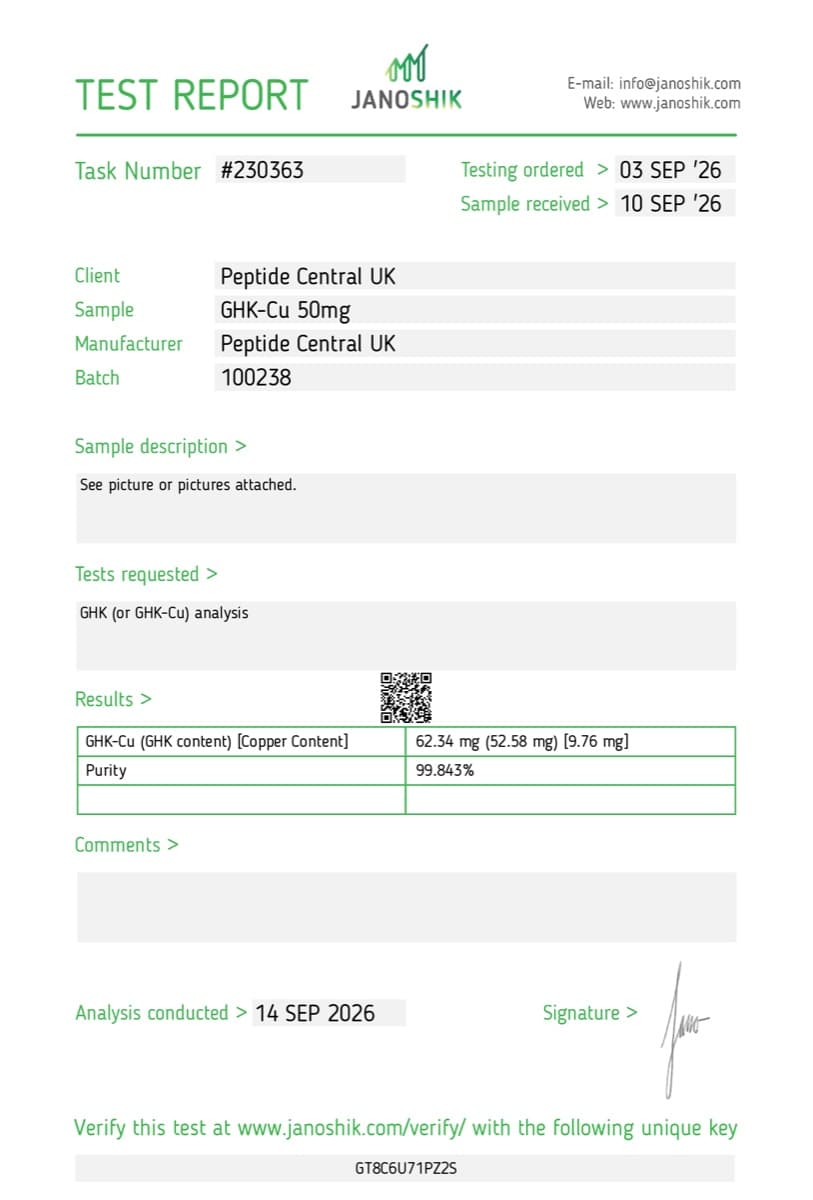 Janoshik certificate of analysis for GHK-Cu (50mg), batch 100238
