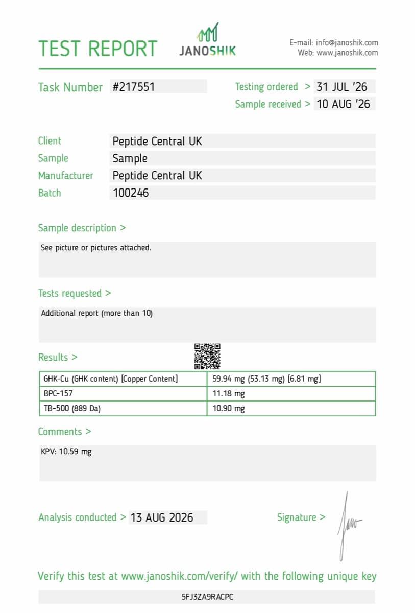 Janoshik certificate of analysis for KLOW Research Blend (80mg), batch 100246