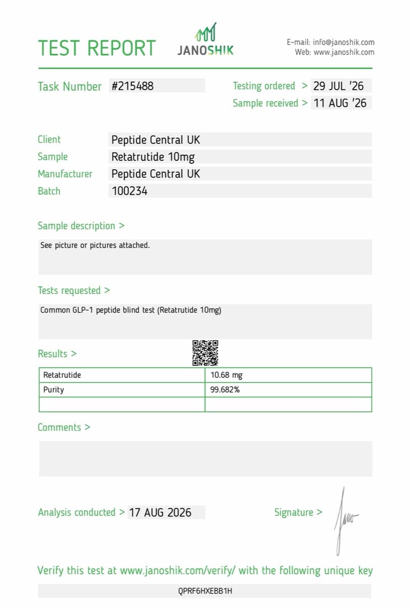 Janoshik certificate of analysis for Retatrutide (10mg), batch 100234