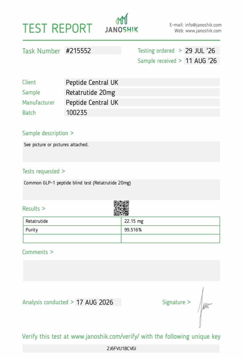 Janoshik certificate of analysis for Retatrutide (20mg), batch 100235