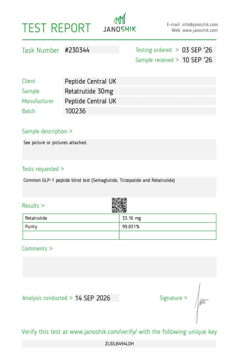 Janoshik certificate of analysis for Retatrutide (30mg), batch 100236