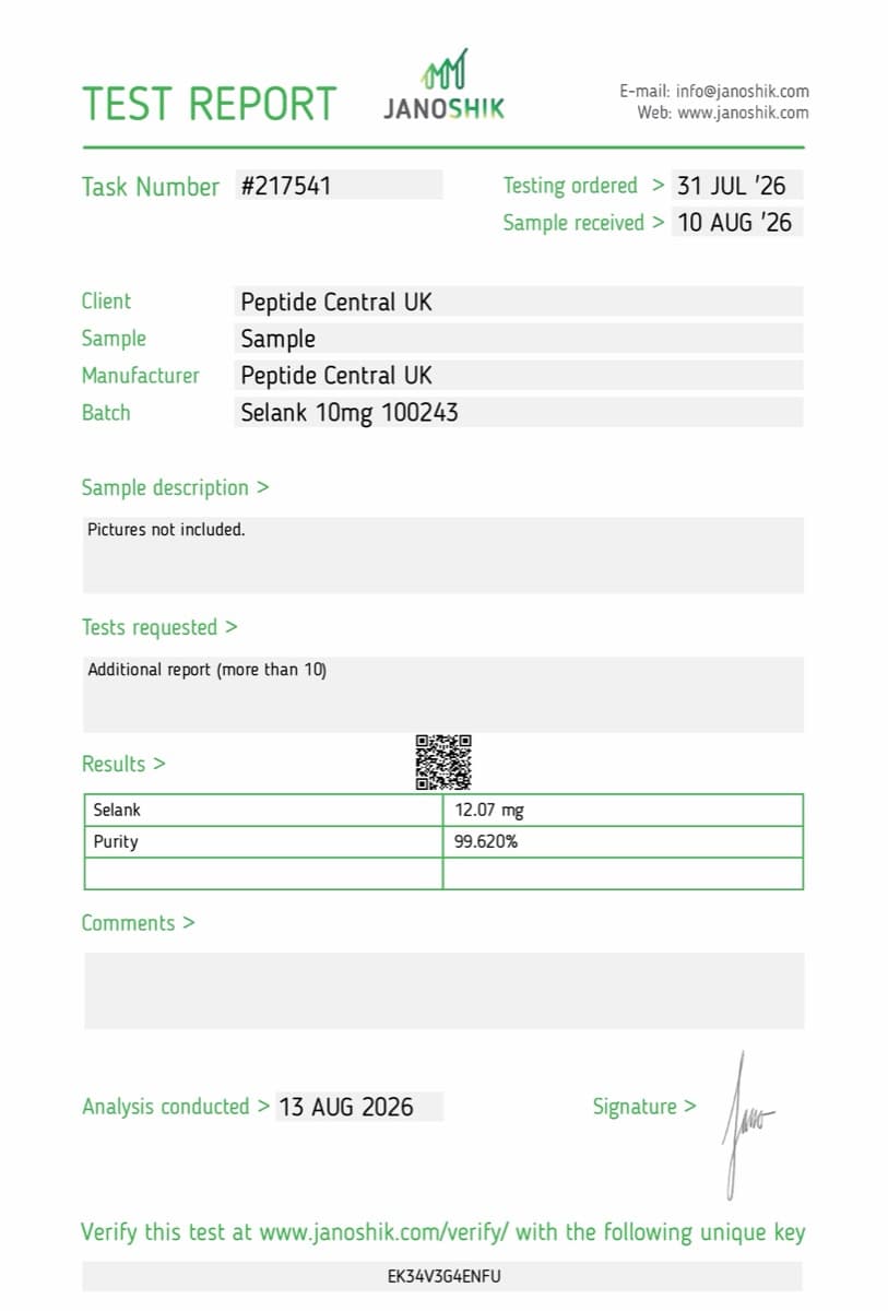 Janoshik certificate of analysis for Selank (10mg), batch 100243